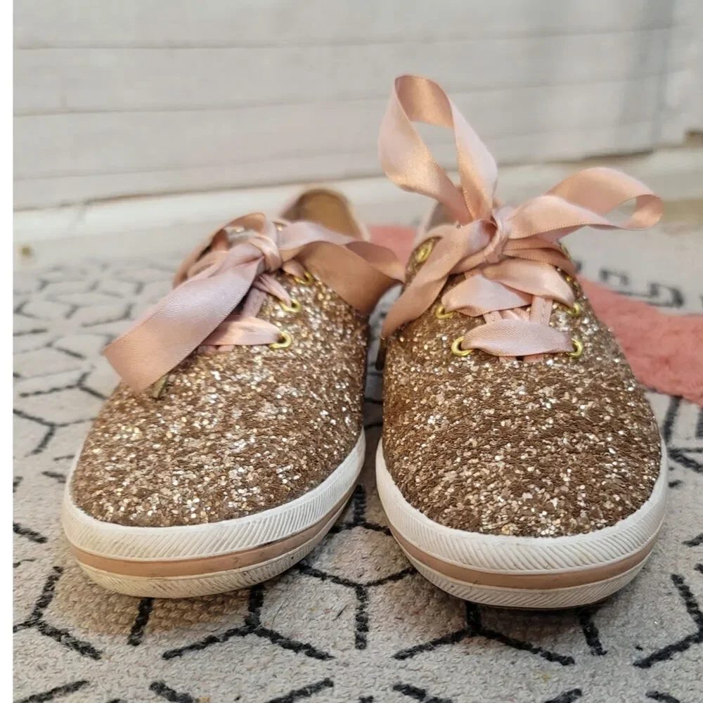 Keds Kate Spade New York Glitter Lace Up Sneakers in Rose Gold, sz 8